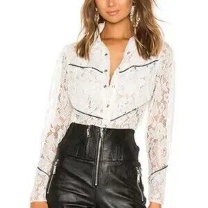 Womens Divine Heritage White Black Western Lace Pearl Snap Button Blouse Top XS